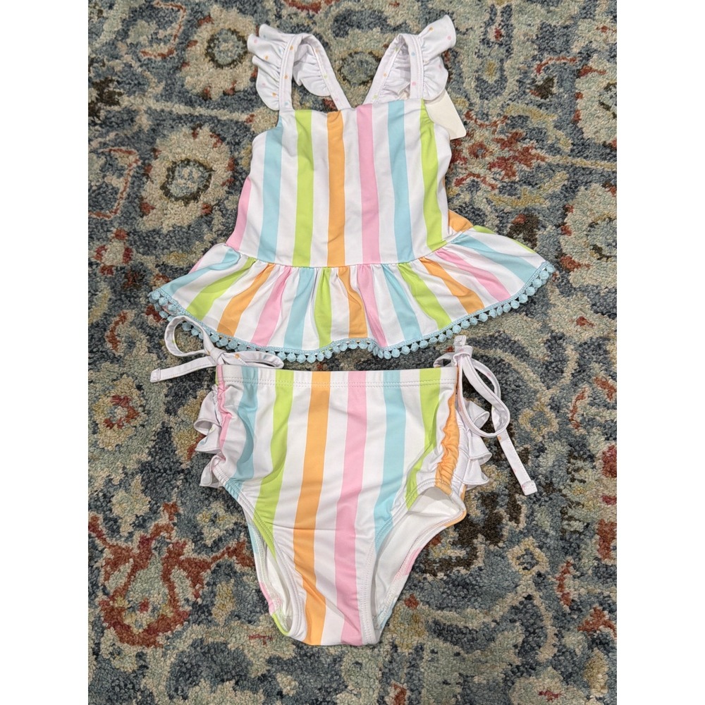 Swoon Baby Swimsuit Girls 3T 4 Multicolor Striped Ruffle Pom Pom Tankini Set NEW